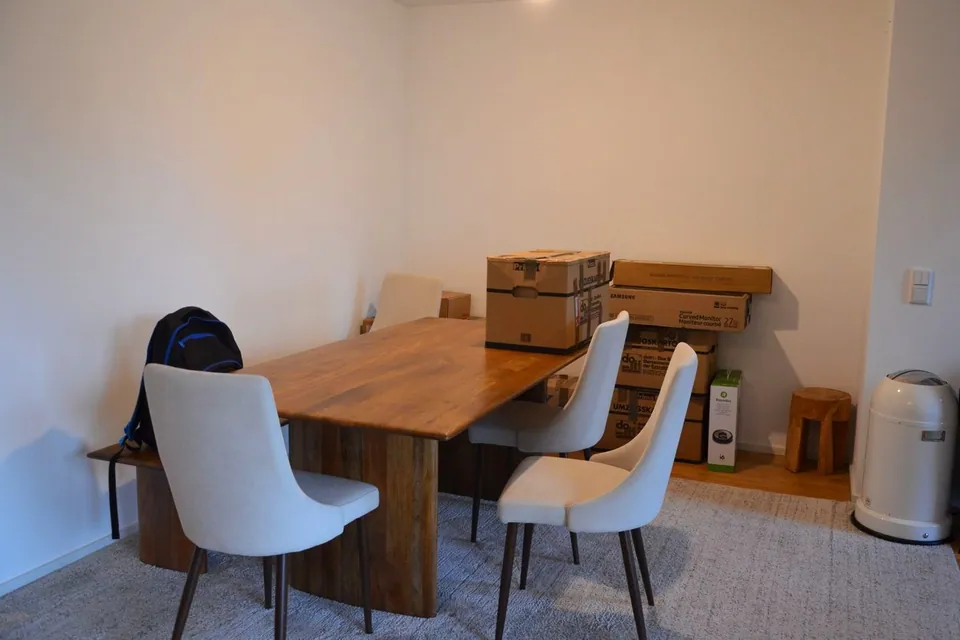 Mitarbeiter räumt eine Wohnung mit Kartons und Möbeln vollständig aus